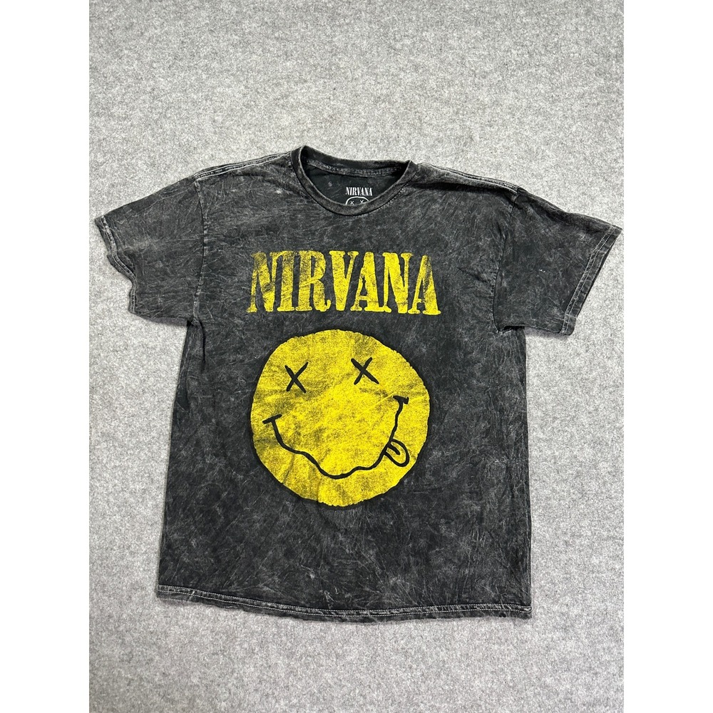 Nirvana Smiley Face Graphic T-Shirt Large Charcoal Acid Wash Cotton Tee
